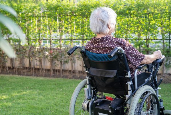 Elderly woman with white hair sitting in a wheelchair, facing away from the camera, enjoying a peaceful moment in a garden with lush greenery.